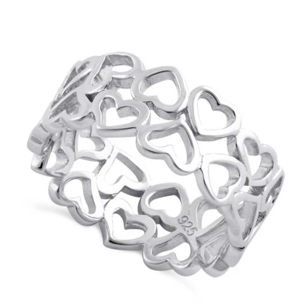 Sterling Silver Eternity Hearts Band Ring New *